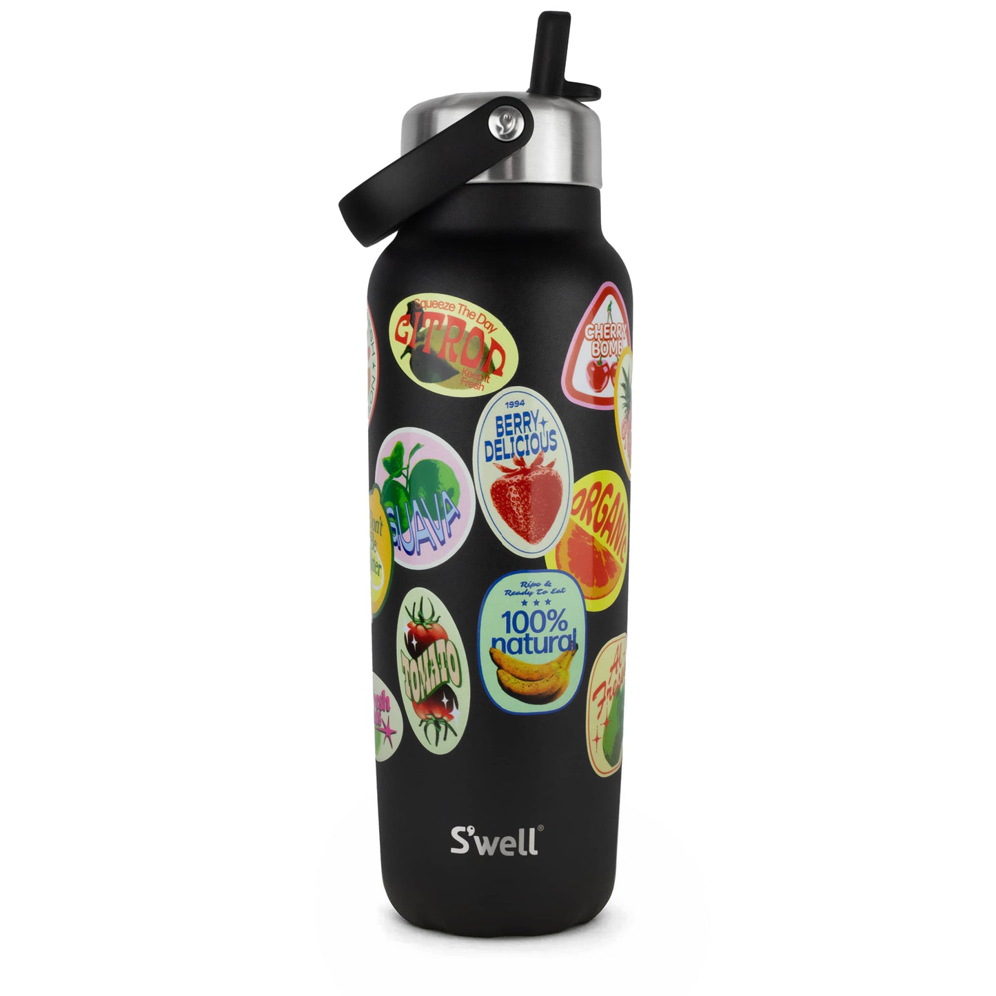 explorer-with-flip-straw-lid-40oz-a4 01_Swell_Fruit_Stand_Stamp_Pattern_Onyx_Black_Front.jpg